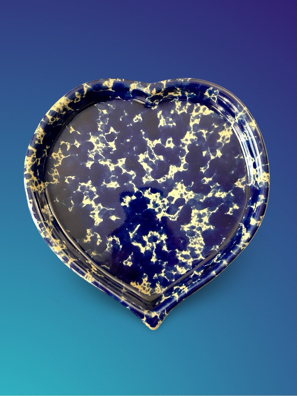Bennington Potters MCM Spongeware Heart Dish #1950 Blue Agate Glaze, Vermont USA